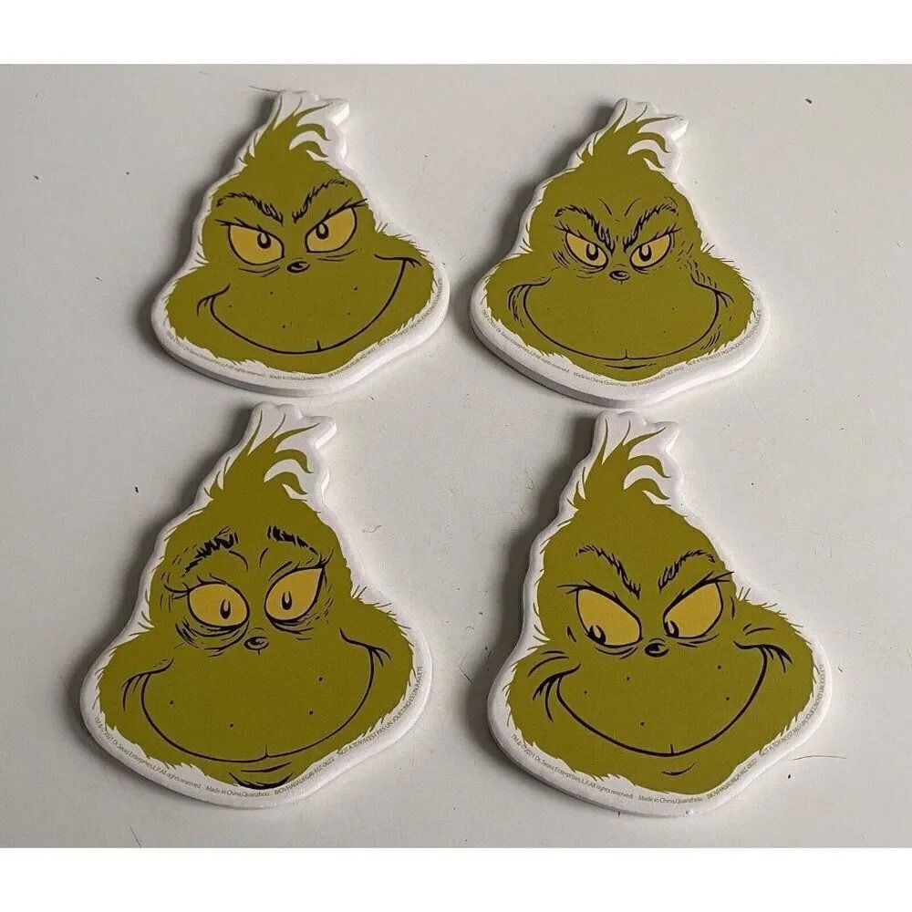 Set Of 4 Dr Seuss THE GRINCH WHO STOLE CHRISTMAS Ceramic Coasters Different Face